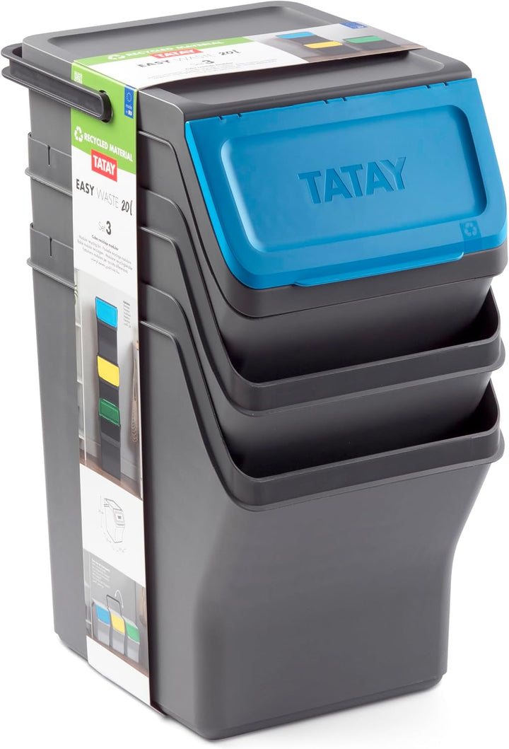 TATAY Mülltrennsystem Easy Waste 20L | 3er Set Recycling Behälter | Modular und Stapelbar | Deckel m