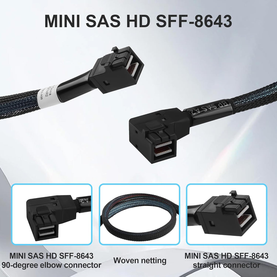 MINI SAS HD SFF-8643 Kabel 45cm, gerade bis 90 Grad Winkel, Server Internes Kabel mit geflochtenem M