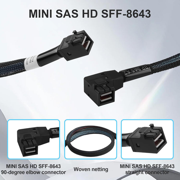 MINI SAS HD SFF-8643 Kabel 45cm, gerade bis 90 Grad Winkel, Server Internes Kabel mit geflochtenem M