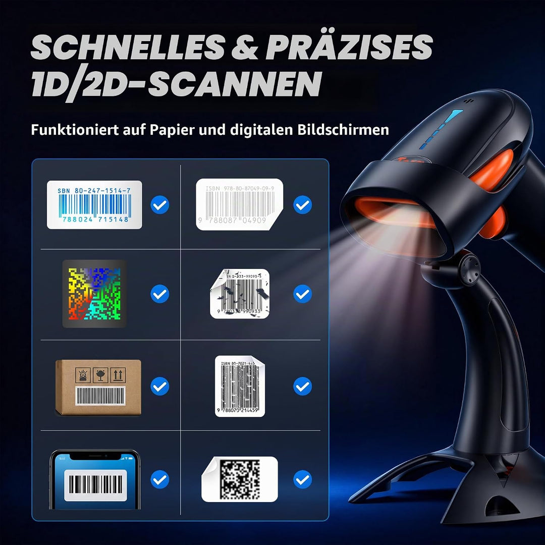 Tera Barcode Scanner 2D 1D 3 in 1 Barcodescanner Wireless 2.4 GHz/Bluetooth/USB Kabelgebunden Strich