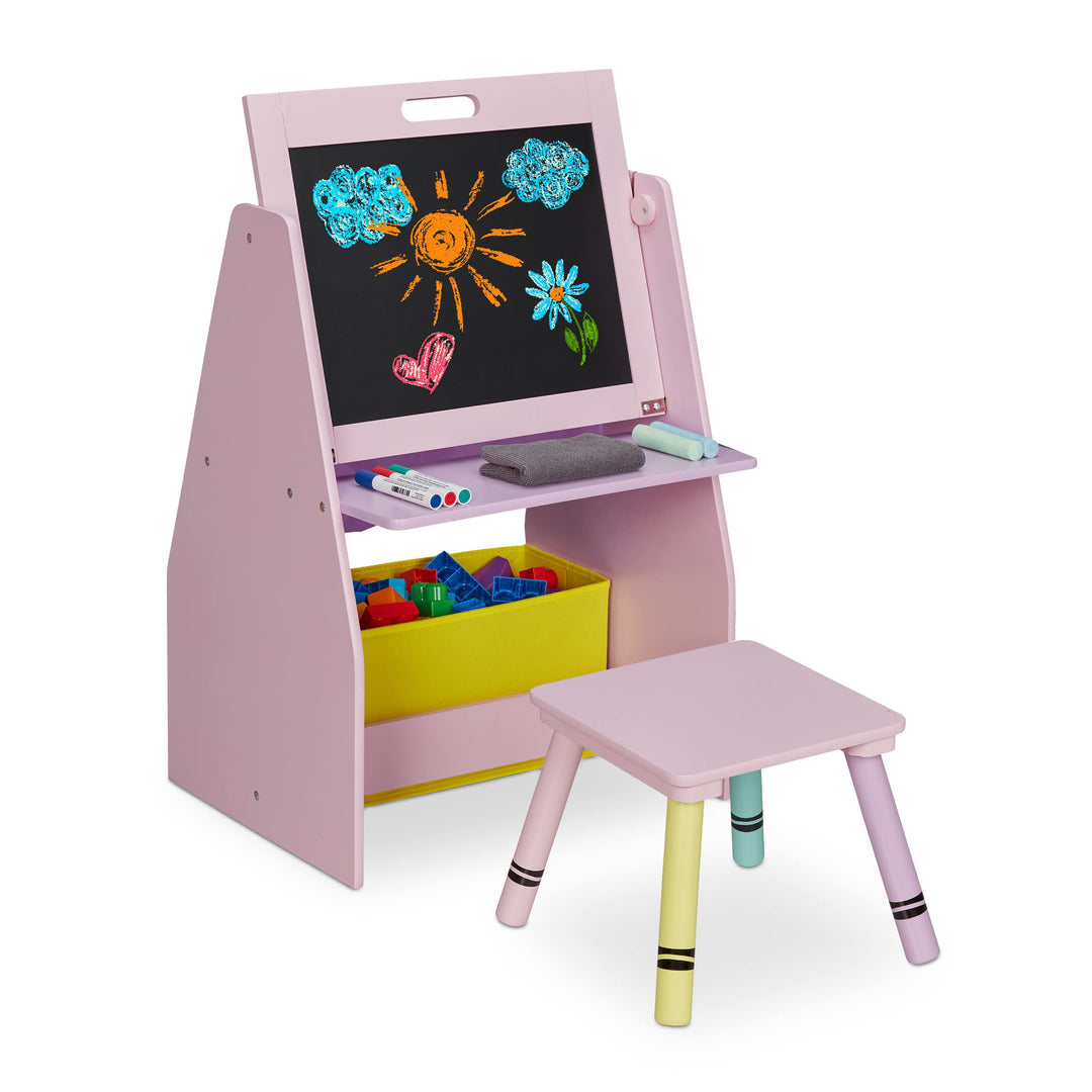 Relaxdays Kinderregal mit Tafel, Spielzeugregal mit 2 Fächern & Stoffbox, HBT: 84x52x45 cm, Spieltaf