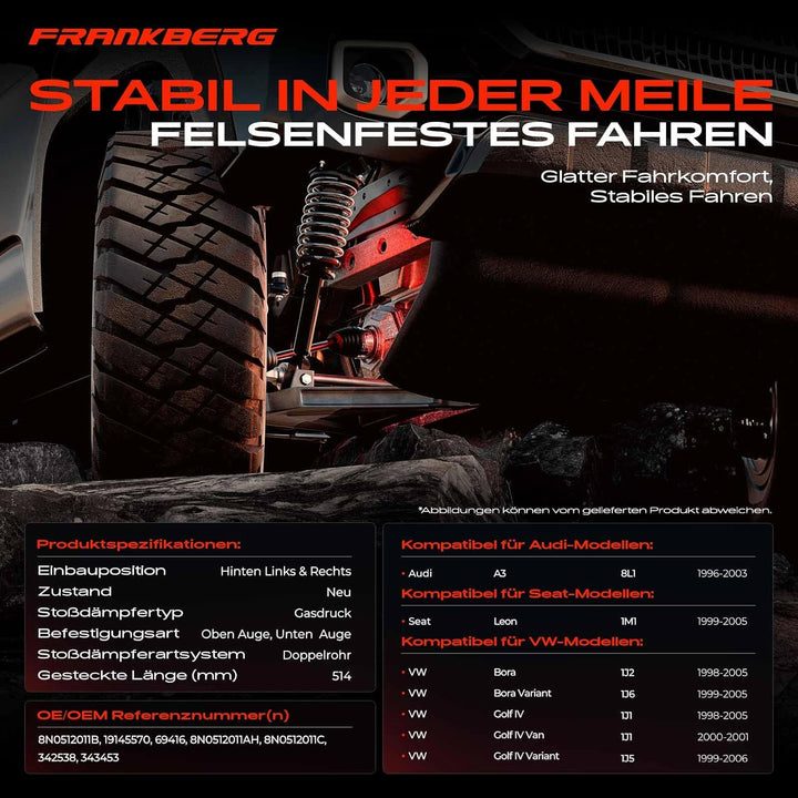Frankberg 2x Stossdämpfer Stossdämpfer Hinterachse Kompatibel mit A3 1996-2004 TT 1998-2006 Leon 199