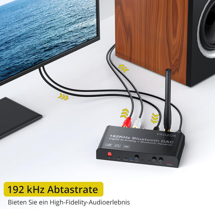 PROZOR DAC Konverter 192kHz Eingebauter Bluetooth V5.0 Empfänger Digital zu Analog Stereo L/R RCA 3.