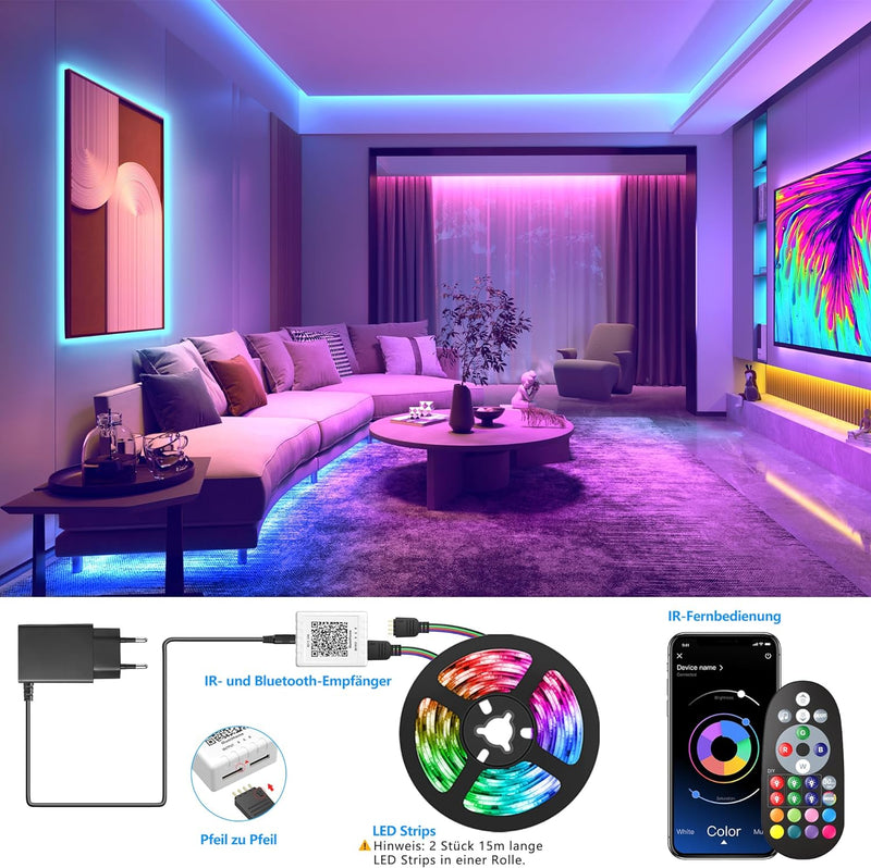 LED Strip 30m,Bluetooth LED Streifen,RGB Farbwechsel LED Lichterkette 30M mit Steuerbar via App, 16