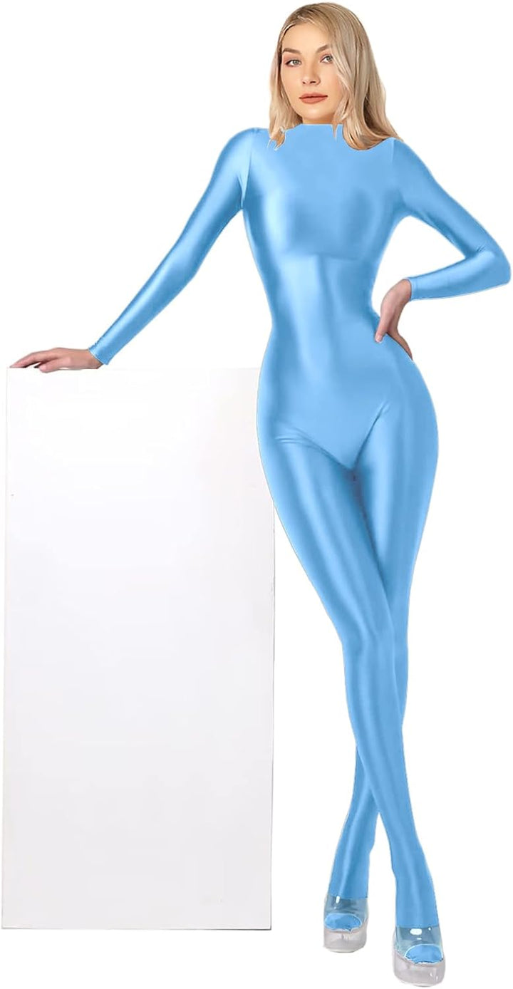 200D blickdichter Einteiler Badeanzug High Stretch Glänzender Body Reissverschluss Rücken L Himmelbl