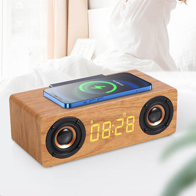 Tbest Digitaler Holzwecker, Holz-Bluetooth-Lautsprecher, Wecker mit FM-Radio, Kabelloses Handy-Ladeg