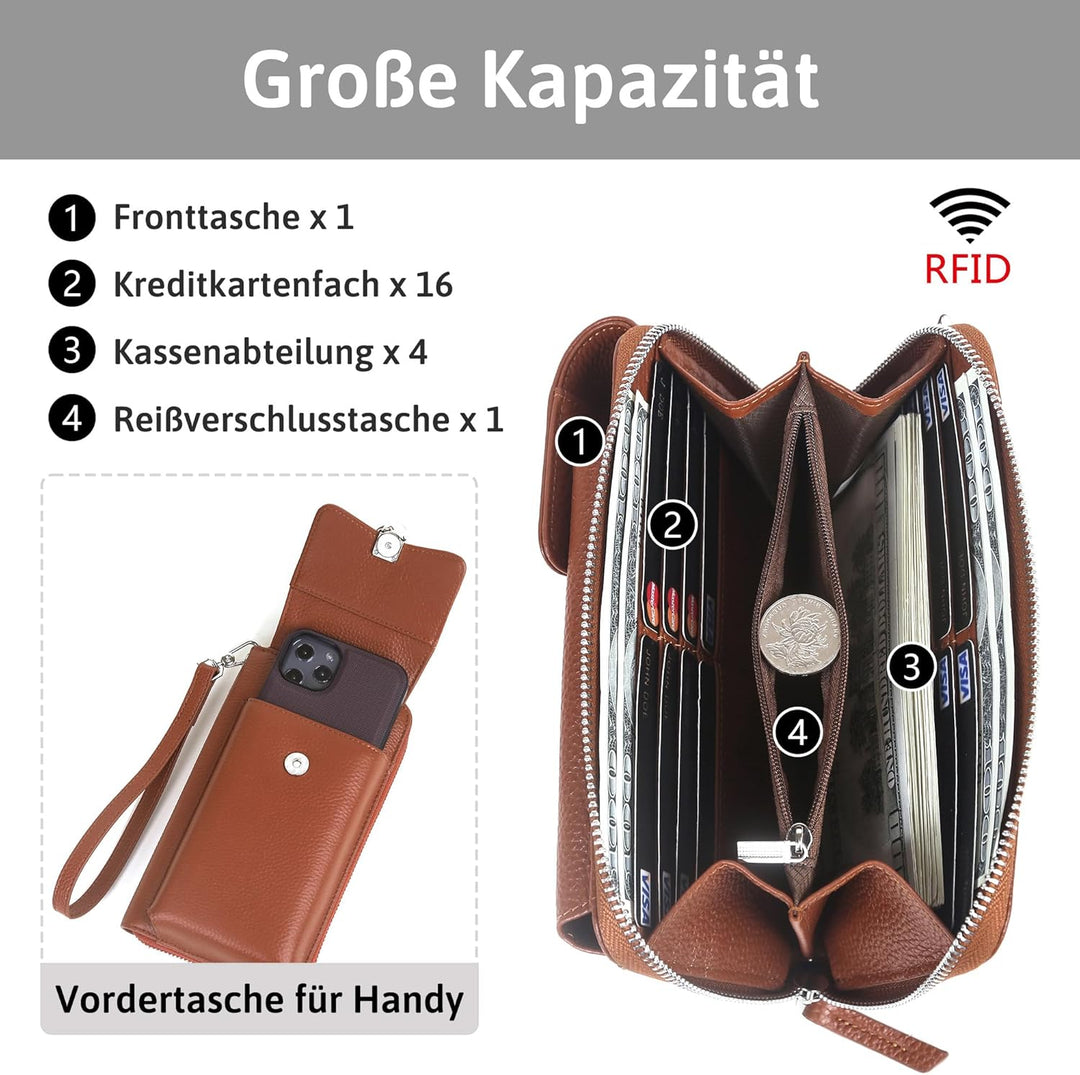 Pearl Angeli Weiches Echtes Leder Handy Umhängetasche - Handytasche Geldbörse Damen RFID Schutz klei
