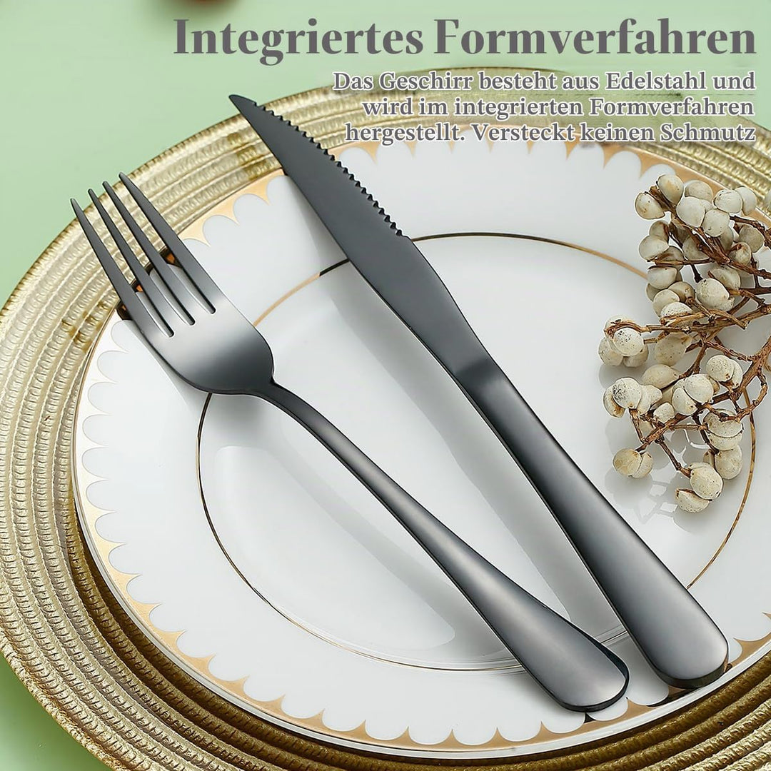 Evanda Schwarzes Steakbesteck 12 teilig, Schwarzes Titanbeschichtung Edelstahl 6 Tafelgabeln und 6 T