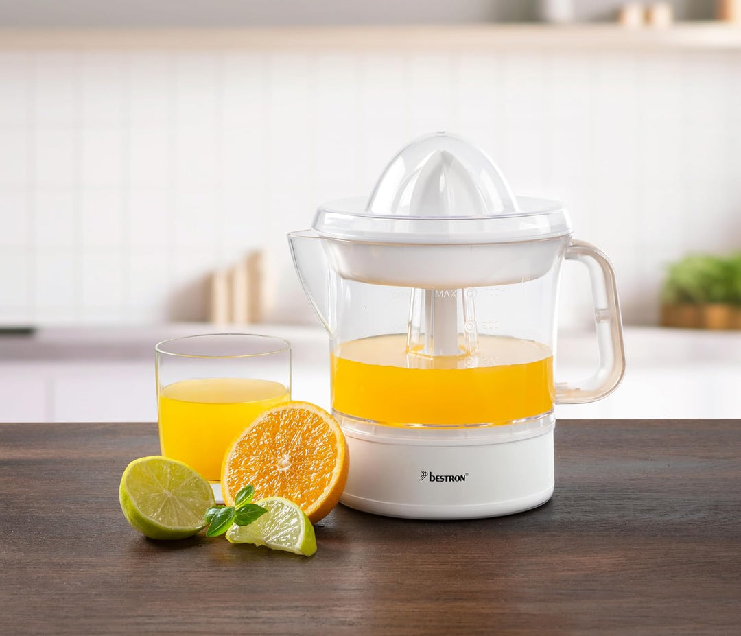 Bestron elektrische Zitrus- & Orangenpresse, inkl. 2 Presskegel und Aromadeckel, Motor mit zwei Dreh