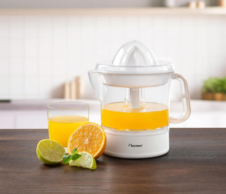 Bestron elektrische Zitrus- & Orangenpresse, inkl. 2 Presskegel und Aromadeckel, Motor mit zwei Dreh