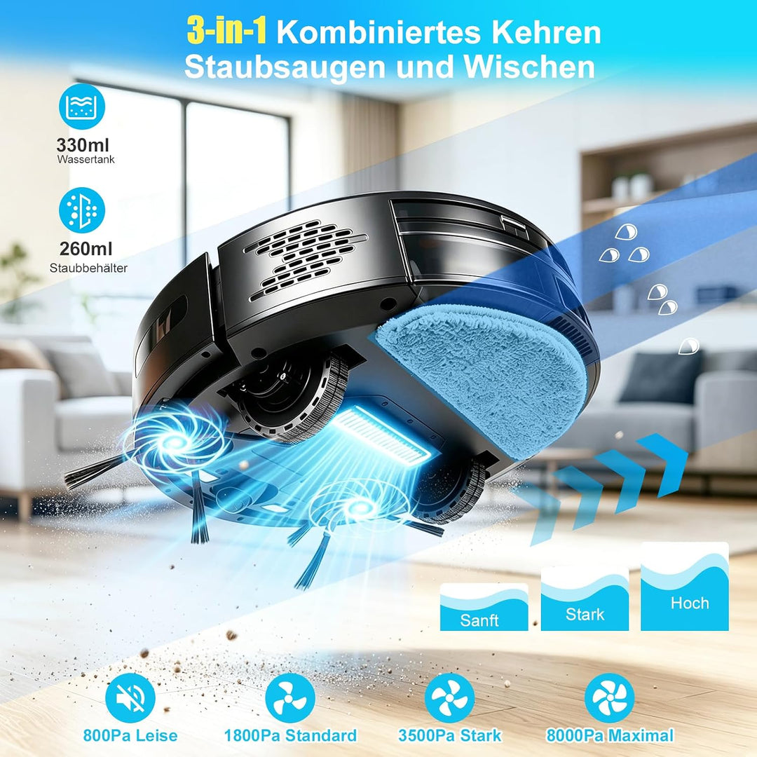 Saugroboter mit Wischfunktion, 8000Pa Starke Saugkraft Saugroboter | 5 Reinigungsmodi, Selbstauflade