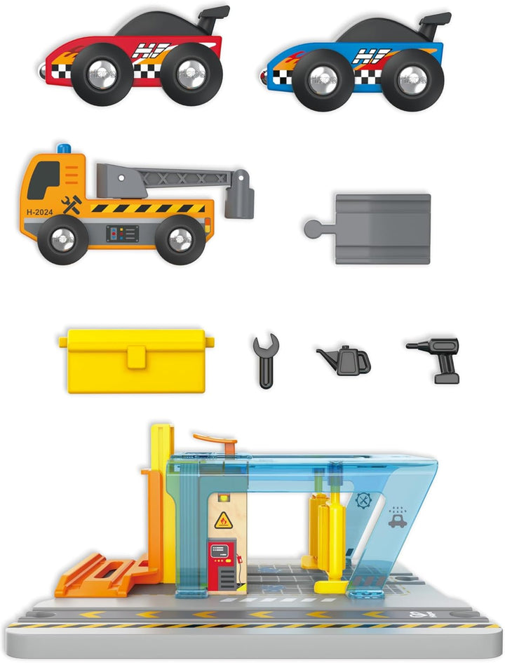 Hape Reparatur- und Waschstation, Waschanlage, Hebebühne, Abschleppwagen, Fahrzeuge, Eisenbahnzubehö