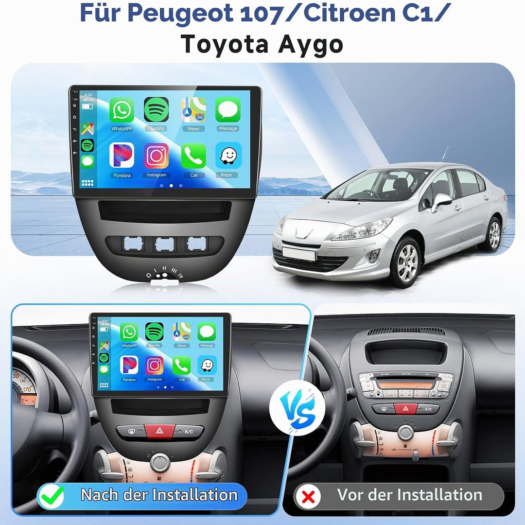 Podofo Carplay Autoradio für Citroen C1/Toyota Aygo/Peugeot 107, Android HiFi Android Auto 10" Touch