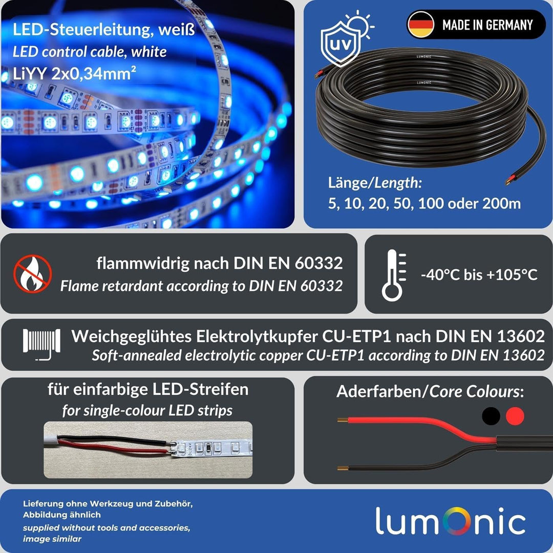 Lumonic 2x 0,34mm² LED Steuerleitung schwarz 100m I ummanteltes 2 adriges Kabel flexibel I Geschirmt