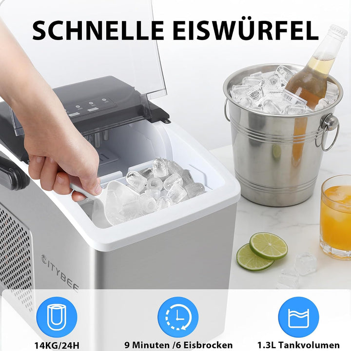 Citybee Eiswürfelmaschine Selbstreinigend 12kg/24h, Eiswürfelmaschine Klein, 9 Eiswürfel in 6 min, E