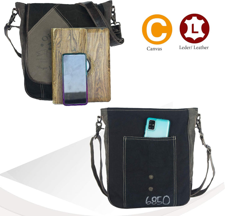 Sunsa Damen/Herren Messenger Tasche. Schwarz/grau Canvas Umhängetasche. Gross Crossover Bag A4 geeig