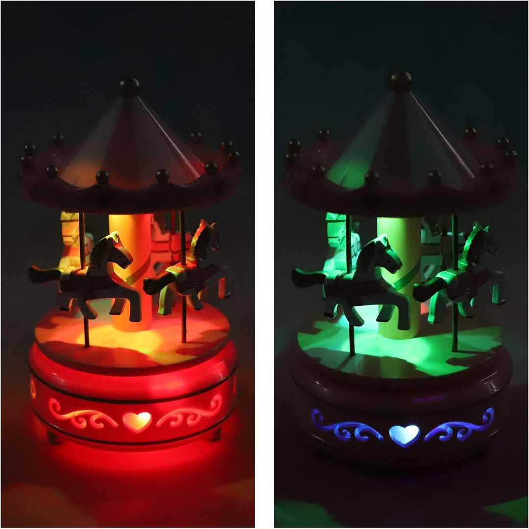 Karussell Hölzernes Vintage Spieluhr 4 Pferd Rotierende Musikbox mit bunter Beleuchtung LED Leuchten