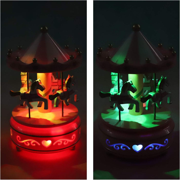 Karussell Hölzernes Vintage Spieluhr 4 Pferd Rotierende Musikbox mit bunter Beleuchtung LED Leuchten