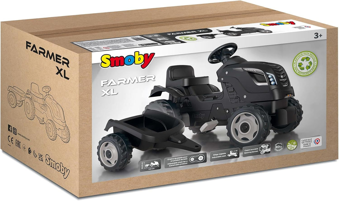 Smoby - Traktor Farmer XL Schwarz + Anhänger - Trettraktor für Kinder - Verstellbarer Sitz - Lenkrad