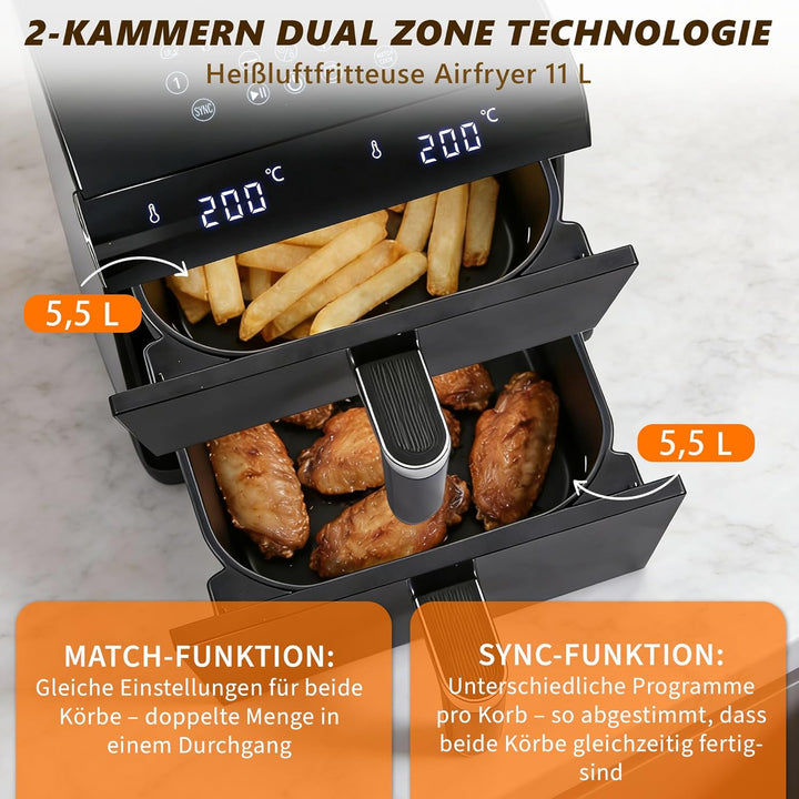 Citybee 11L XXL Heissluftfritteuse 2 Kammern, Dual-Zone Doppelkammer Turm-Airfryer mit SYNC/MATCH, 2