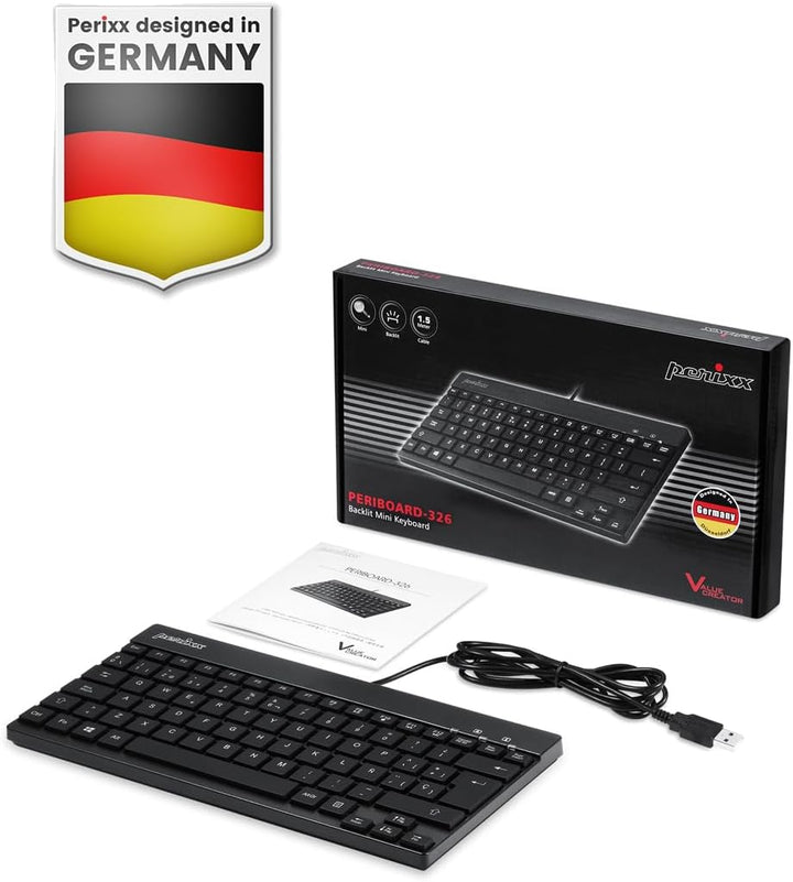 perixx PERIBOARD-326, Mini-Tastatur, kabelgebunden, Hintergrundbeleuchtung, leise, für Windows, AZER