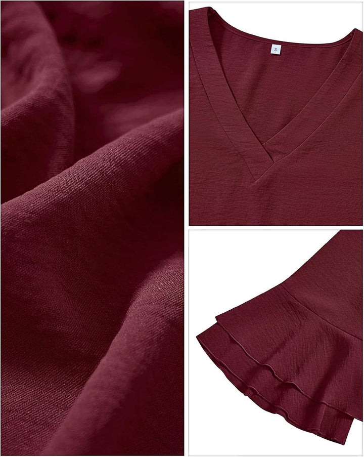Damen Bluse Elegant V-Ausschnitt 3/4 Ärmel Lässige Blusen mit Rüschenärmel Tunika Tops M-3XL, Weinro
