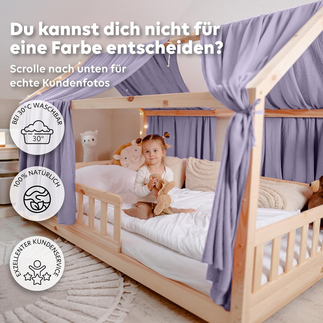 Hausbett Himmel [in 12 Farben] Betthimmel Hausbett aus 100% Baumwolle Musselin - Stoffhimmel für Hau