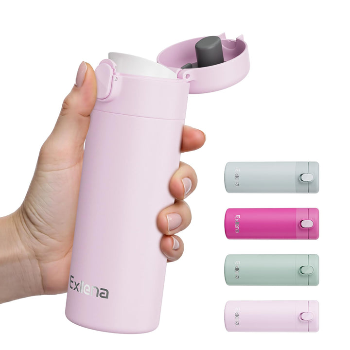 Exllena Kleine Thermosflasche 380ml mit Einhand-Flip-Deckel - Mini Thermosflasche aus Edelstahl, 100