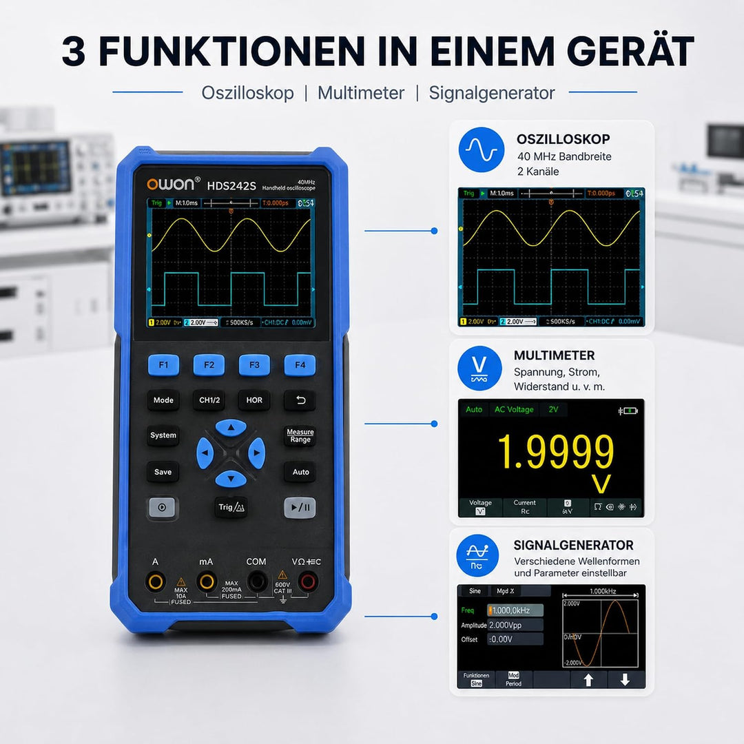 HDS242S OWON Oszilloskop mit zwei Kanälen und 1CH Signalquelle 40MHz Bandbreite Tragbares 3 in 1 Osz