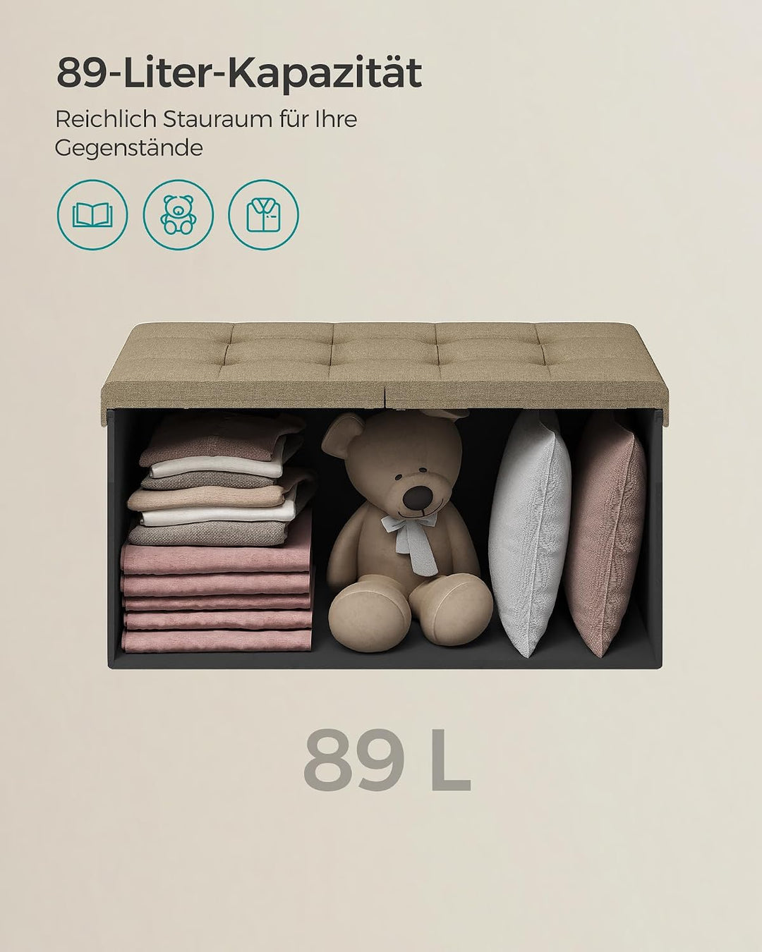 SONGMICS Sitzbank mit Stauraum, klappbare Sitztruhe, Aufbewahrungsbox, 38 x 76 x 38 cm, Deckel klapp