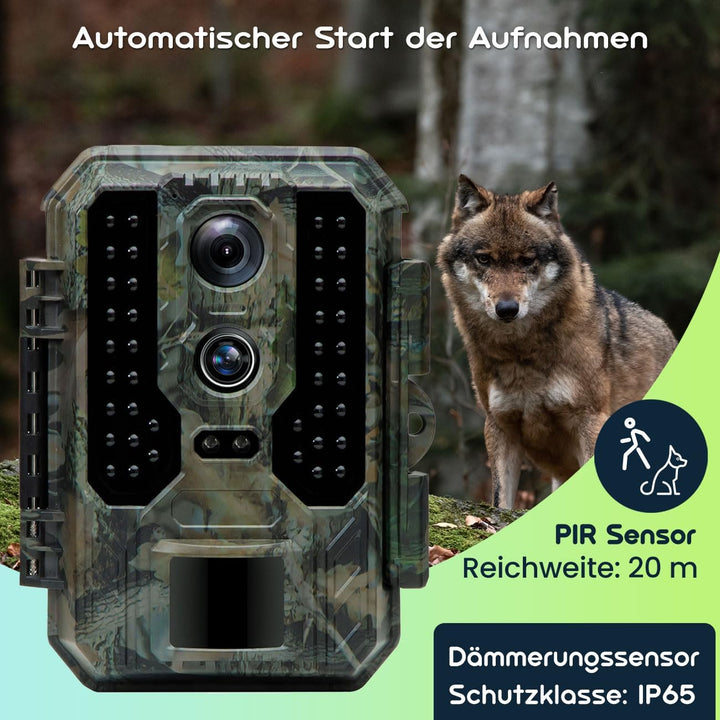 Profi 4K-Wildkamera mit IR-Nachtsicht-, Zeitraffer- & Timerfunktion, PIR Sensor, Dual Lens, Mikrofon