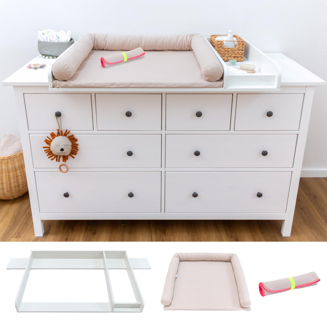 Wickelaufsatz Set für IKEA HEMNES – mit Aufsatz, Wickelauflage & Umrandung aus 100% Baumwolle (Pure