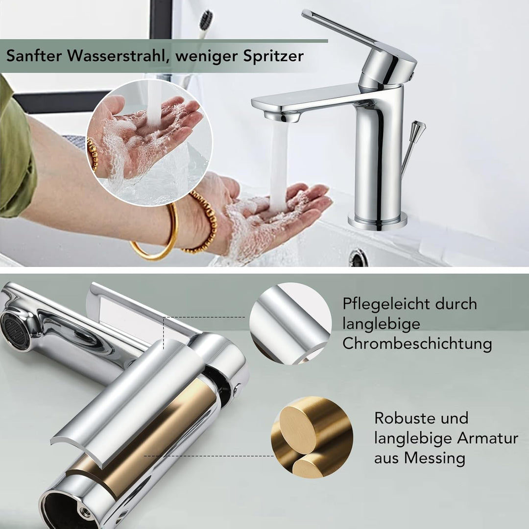 Wasserhahn Bad mit Zugstange, Einhebel-Waschtischarmatur mit Ablaufgarnitur, Chrom Einhandmischer Wa