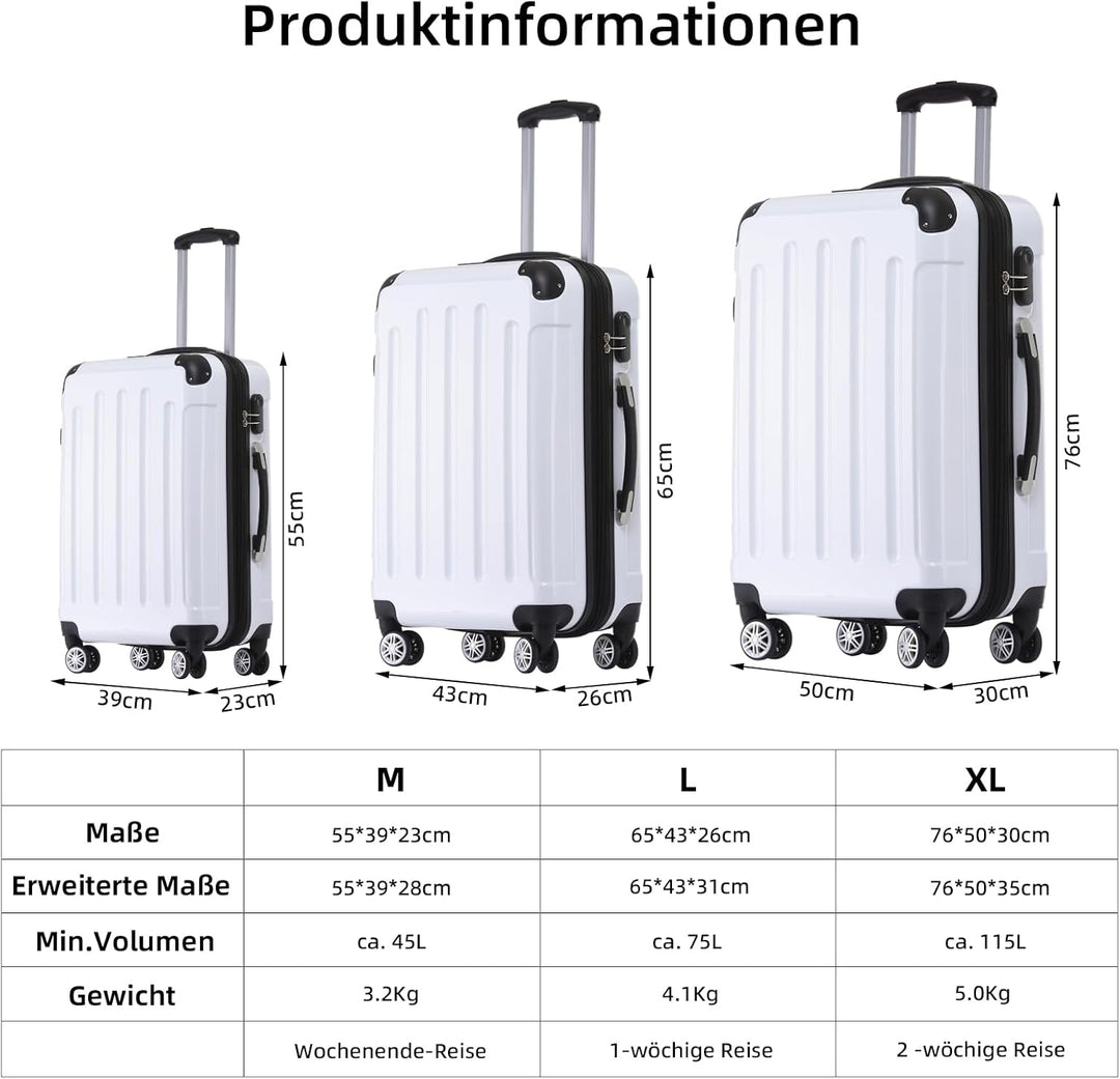 BEIBYE Hartschalen Koffer Trolley Rollkoffer Reisekoffer 4 Zwillingsrollen Polycabonat (Weiss, Koffe