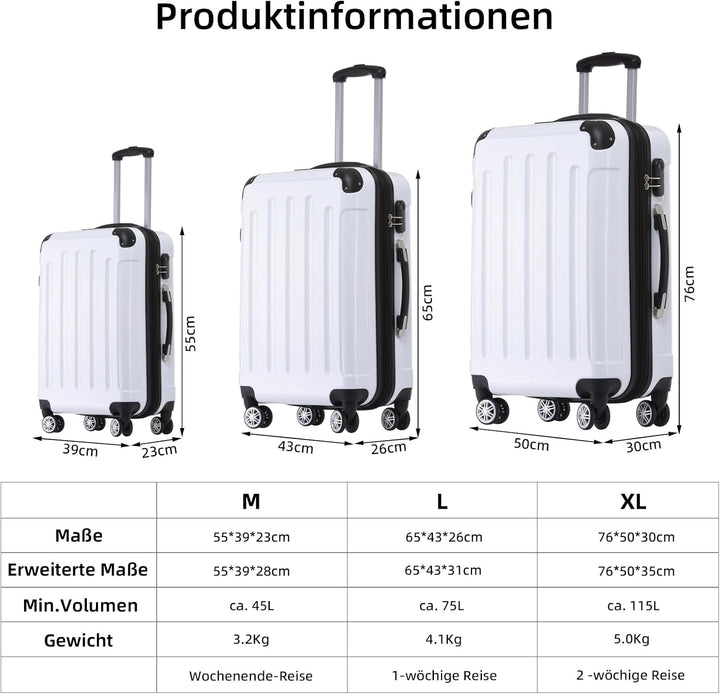 BEIBYE Hartschalen Koffer Trolley Rollkoffer Reisekoffer 4 Zwillingsrollen Polycabonat (Weiss, 76cm