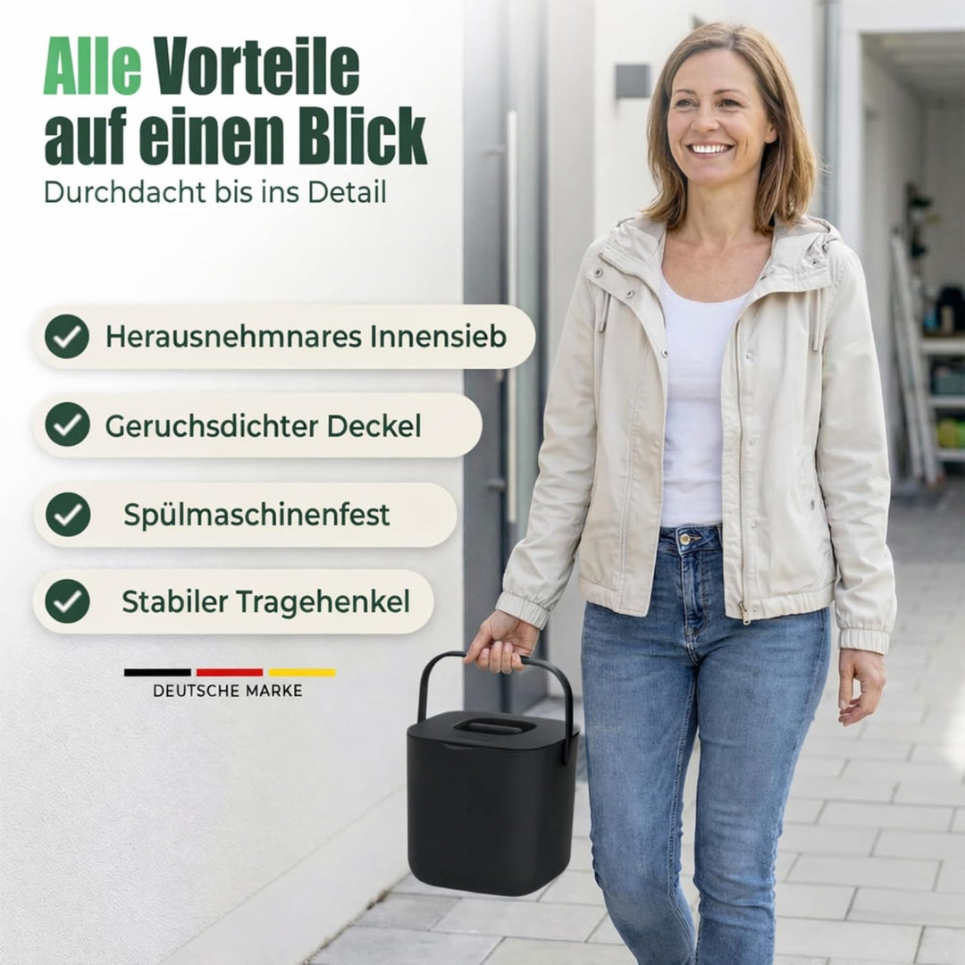 YourCasa Biomülleimer Küche 7L - Komposteimer mit herausnehmbarem Sieb & Deckel - geruchsdicht, spül