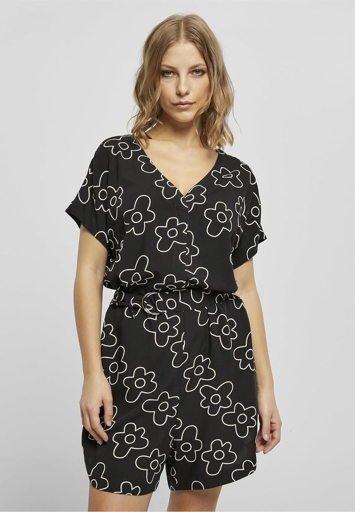 Urban Classics Damen Ladies Short Viscose Belt Jumpsuit T-Shirt XS Blackflower, XS Blackflower