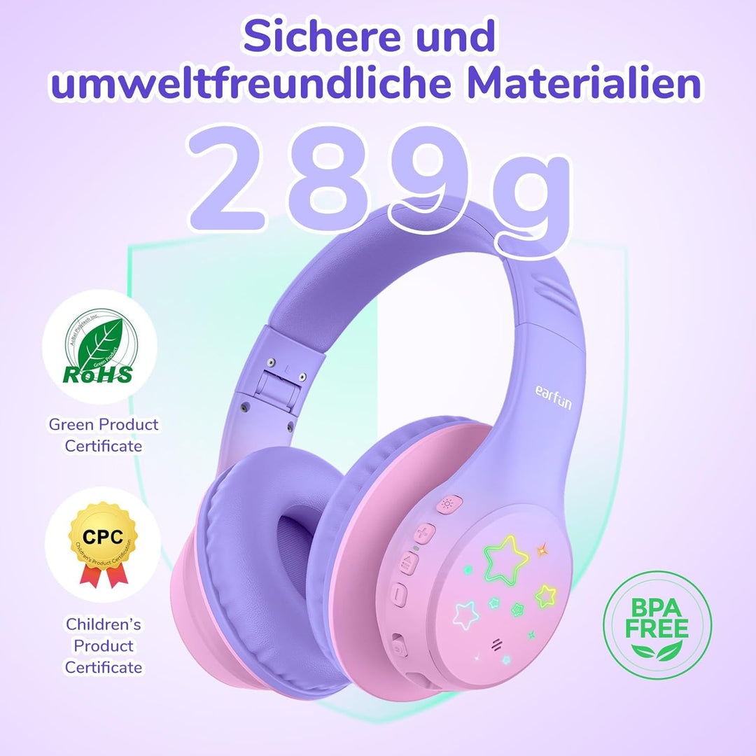 EarFun Bluetooth Kopfhörer Kinder, 5 LED-Beleuchtungsmodi, 74/85/94 dBA Lautstärkebegrenzung, 90 Std