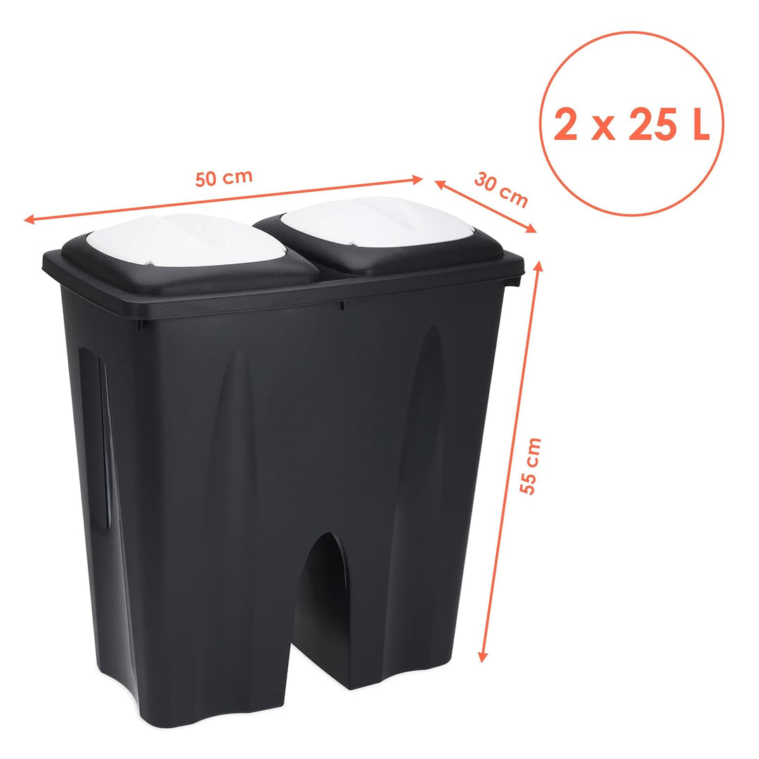 Spetebo Duo Mülleimer 50 Liter rechteckig - 2 x 25l - Doppel Abfalleimer in schwarz mit Klappverschl