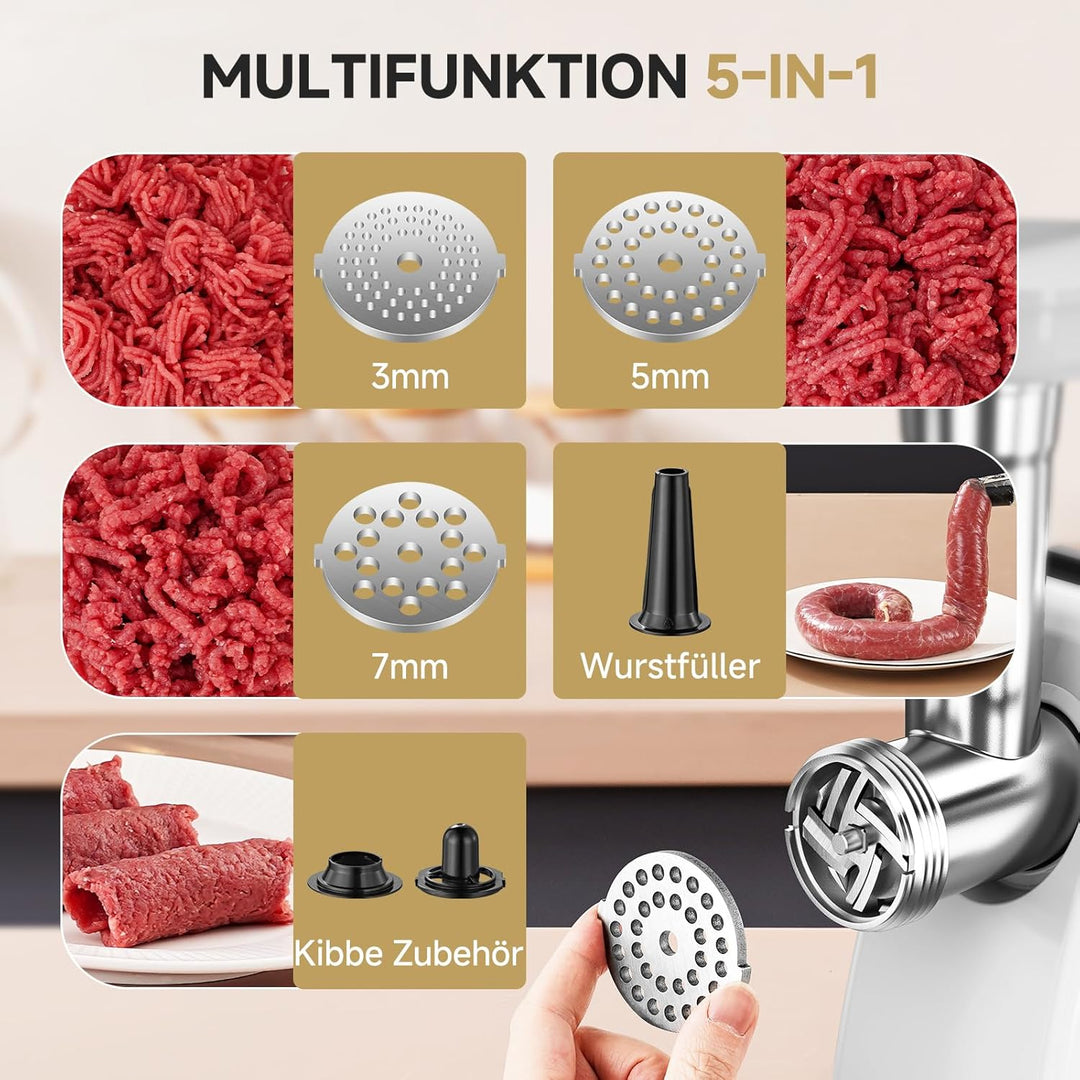 AMZCHEF Fleischwolf Elektrisch für Zuhause - mit 3 Platten, Wurstfüller & Kubbe-Kit | Ideal für Hack