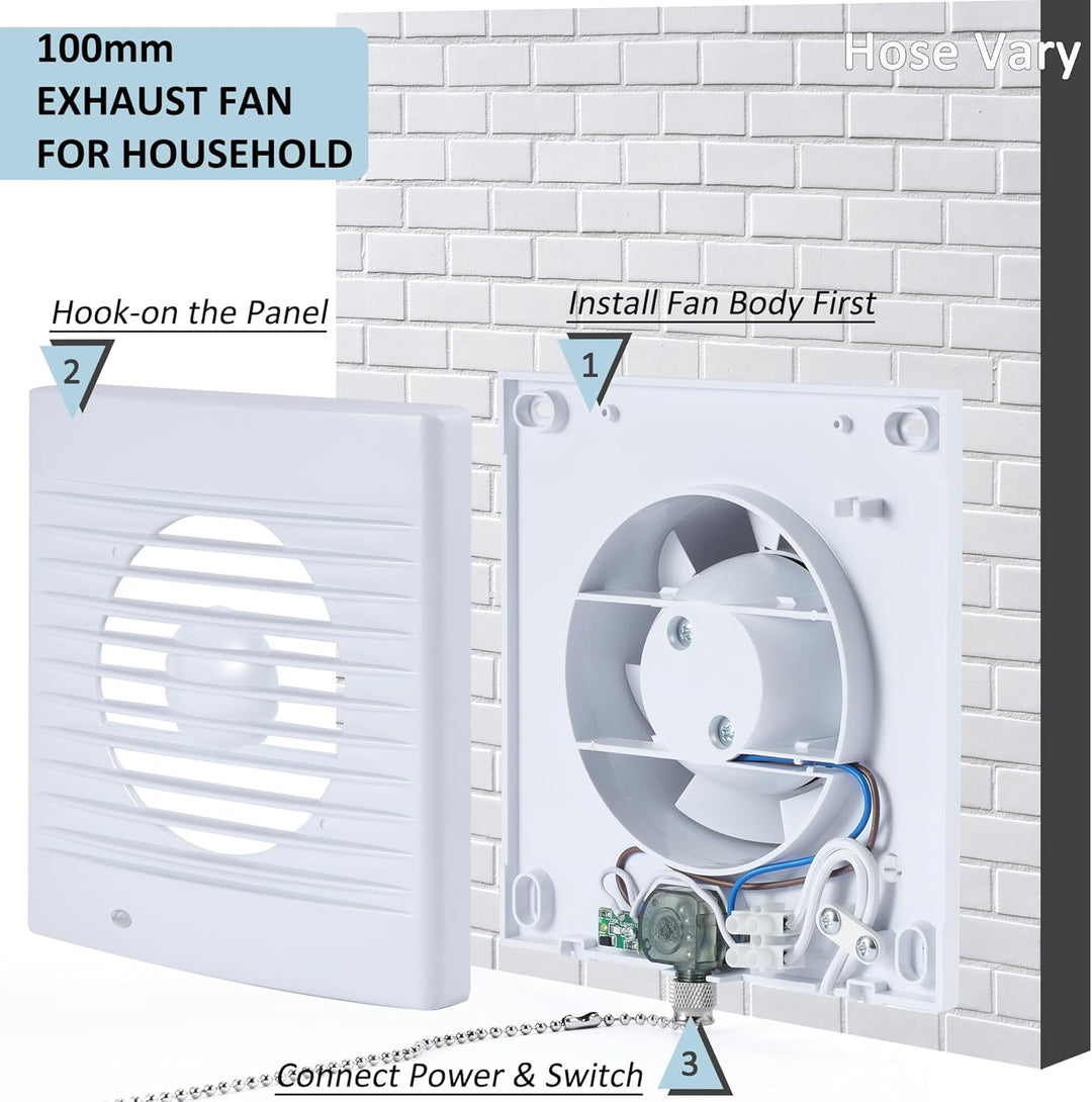 100mm Abluftventilator Badlüfter Lüfter Abluft Wandventilator mit Zugkettenschalter, Ruckstauklappe,