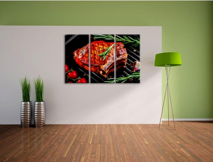 Pixxprint Steak mit Rosmarien garniert als Leinwandbild/Grösse: 3 Teilig (120x80) cm/Wandbild/Kunstd