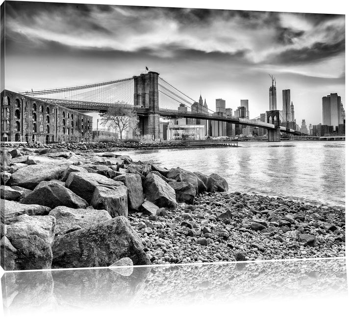 Pixxprint Monocrome, Brooklyn Bridge bei Sonnenuntergang, Format: 100x70 auf Leinwand, XXL riesige B