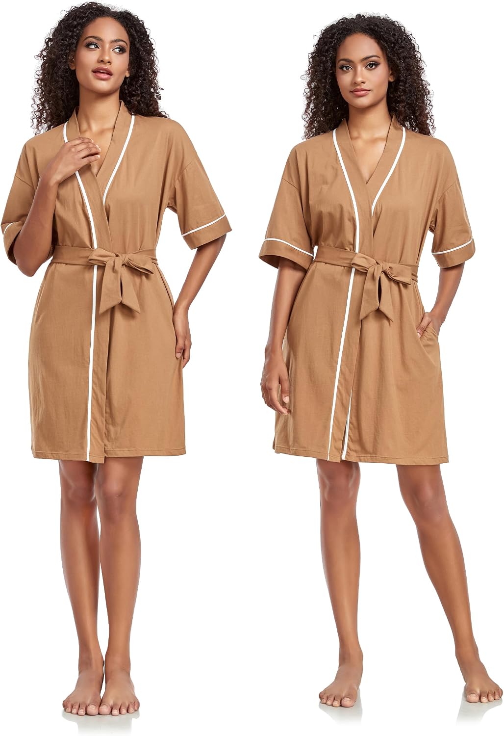 COLORFULLEAF 100% Baumwolle Bademantel Damen Kurz Morgenmantel Leicht Knielang Kimono Saunamantel Na