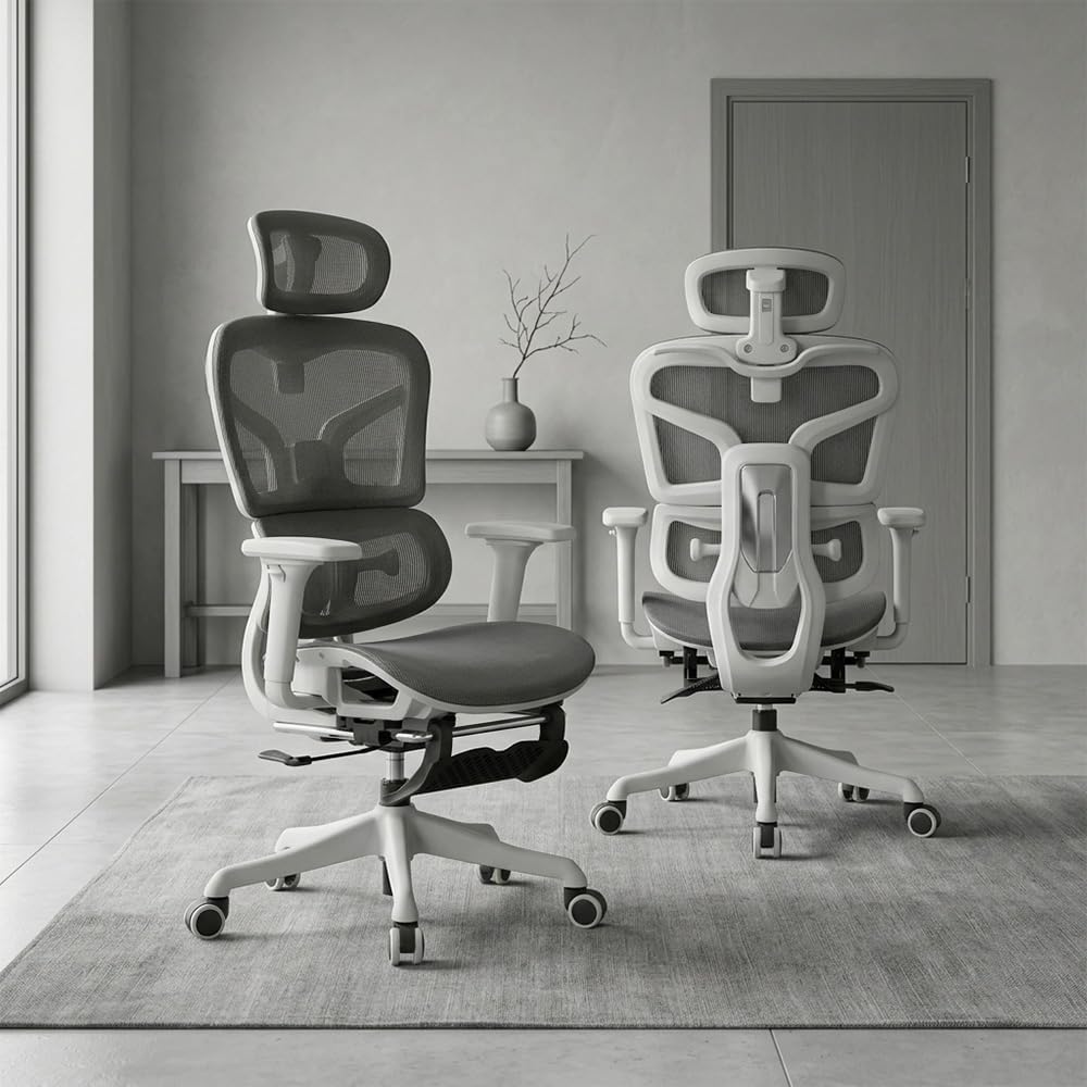 Ergonomischer Bürostuhl mit Lendenwirbelstütze, Kopfstütze & Fussstütze, Höhenverstellbarer Drehstuh