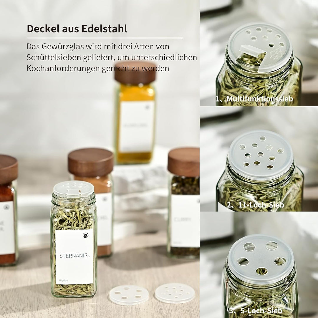 Miorkly Gewürzgläser Eckig Holzdeckel mit Regal [24 x 120ml] - Gewürzregal mit Gewürzdosen Set [Pass