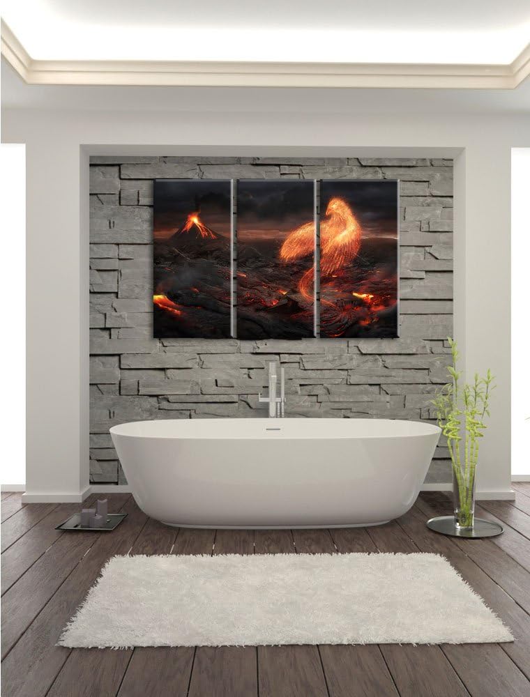 Pixxprint Brennender Phönix Vulkanlandschaft als Leinwandbild | Grösse: 3 Teilig (120x80) | Wandbild