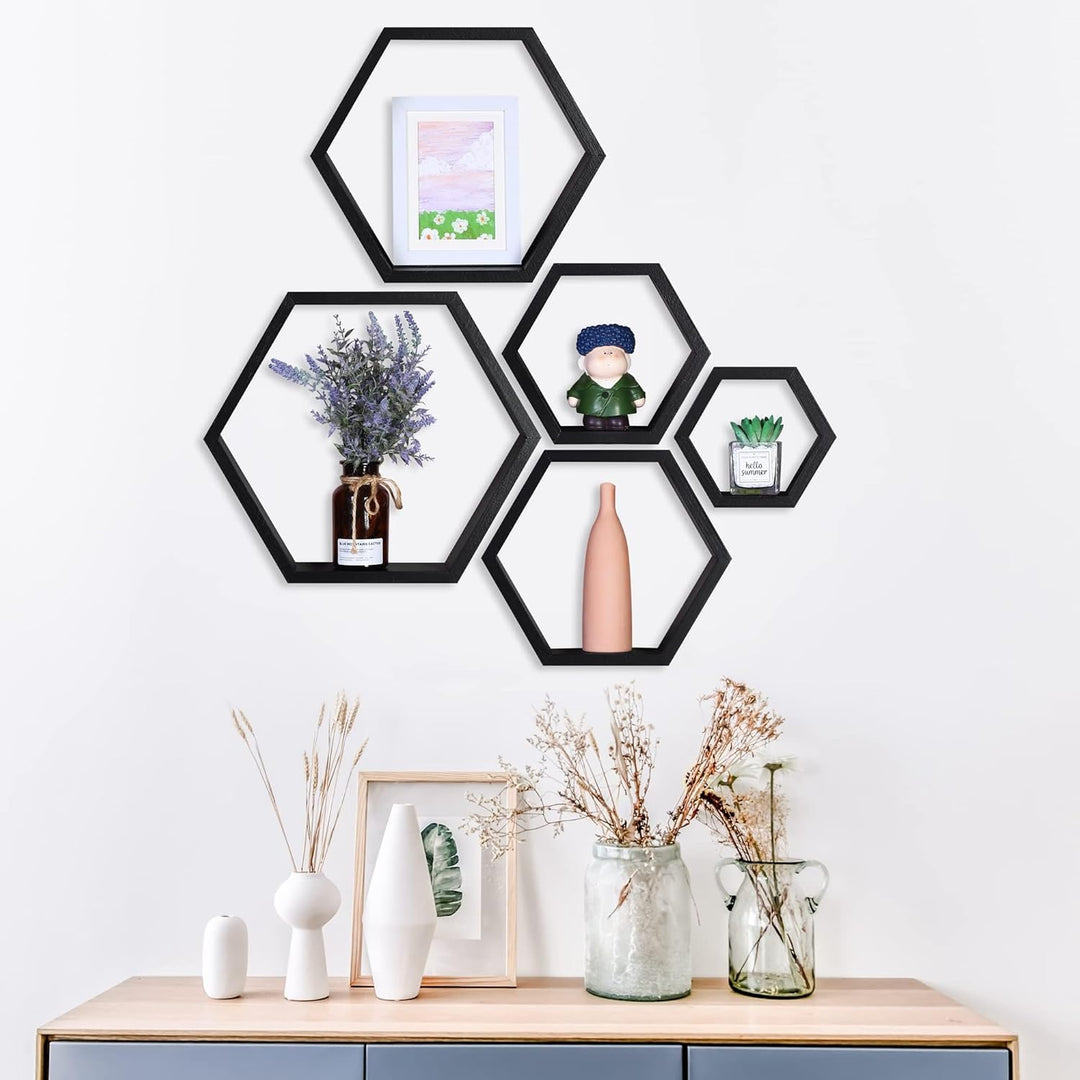 PHOENANCEE Hexagon Wandregal, Wohnzimmer Deko Wand, Holz Hängeregal für Schlafzimmer, 5er-Set(Schwar