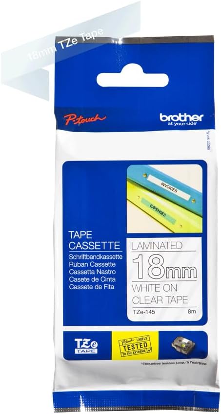 Brother TZE-145 Schriftband 18mm/8m weiss auf farblos schwarz auf transparent Single, schwarz auf tr