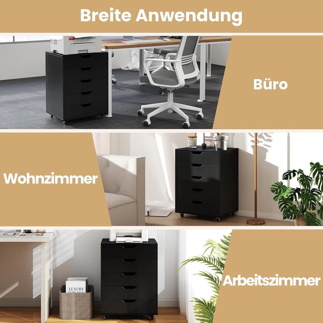 GOPLUS Schubladenschrank mit Rollen, Rollcontainer mit 5 Schubladen, Griffmulden, mobiler Bürocontai
